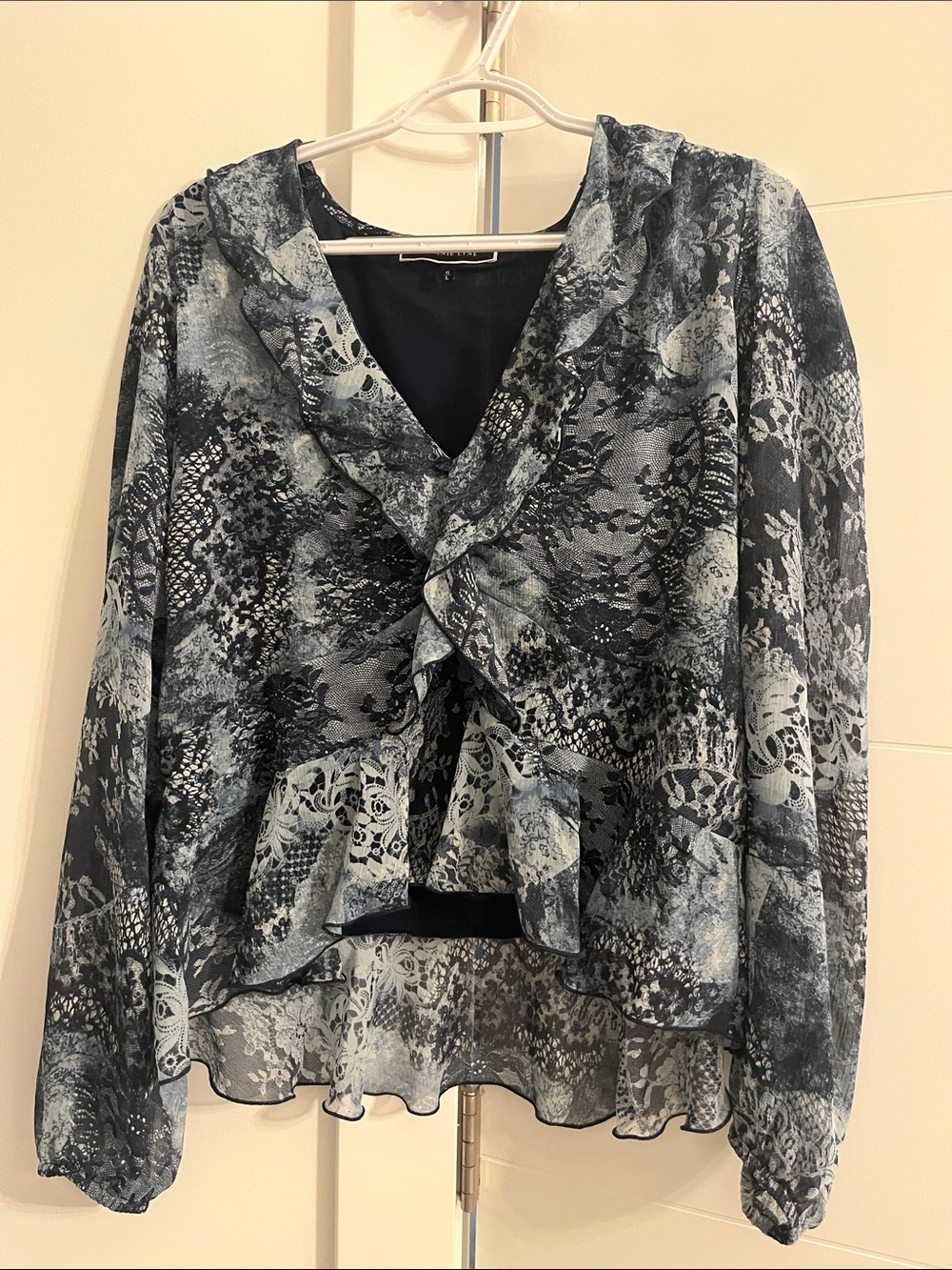 Ruffled V-Neck Sheer Blouse in Blue Gray